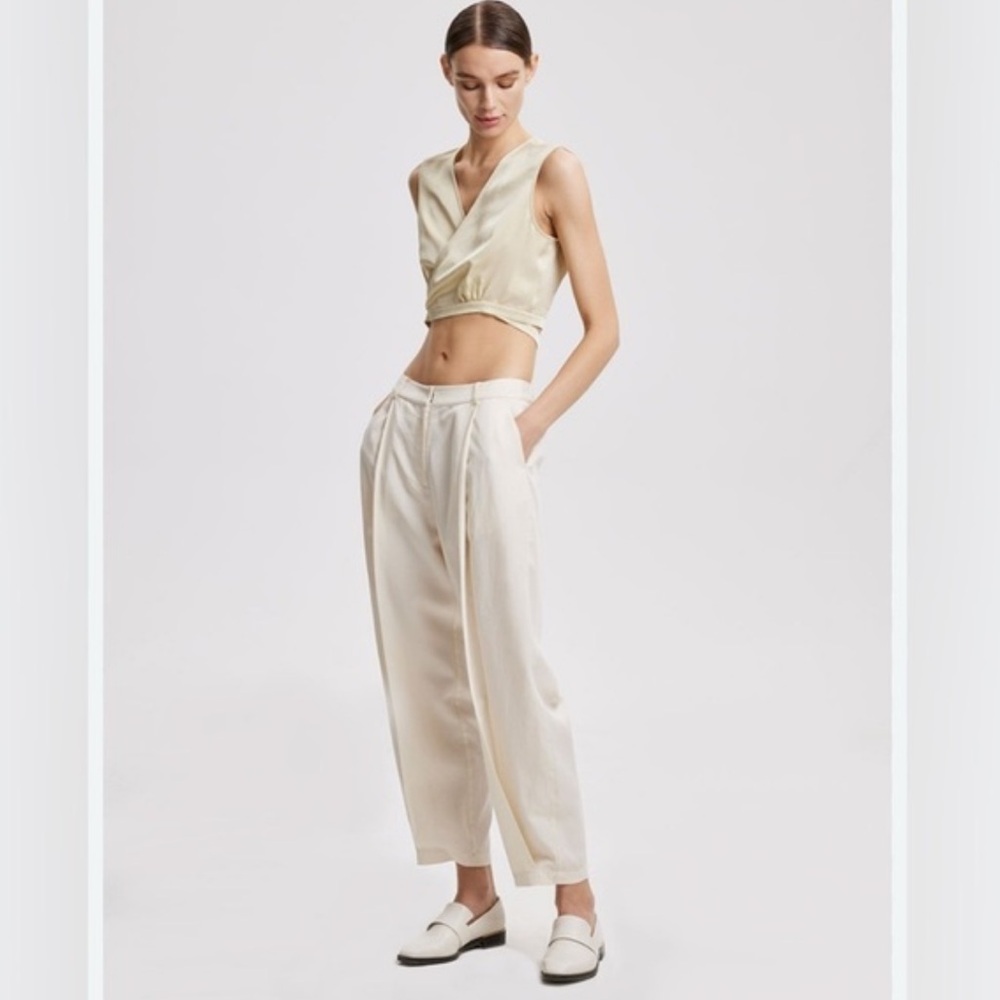 Lattelier Linen Blend Tapered Trouser Pants Pleated Off White Small